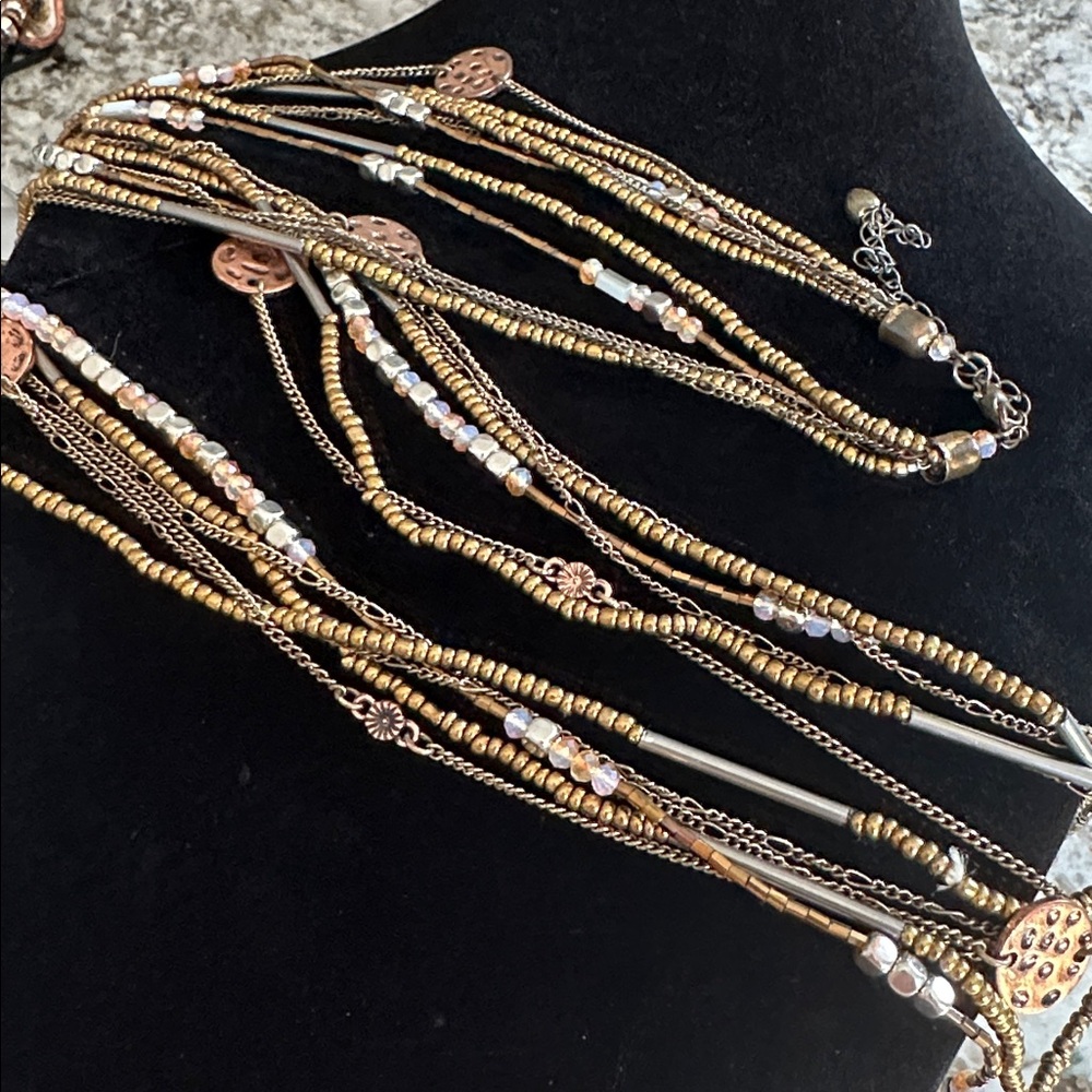 Multi-Strand Bronze and Silver Layered Necklace - Women Jewelry